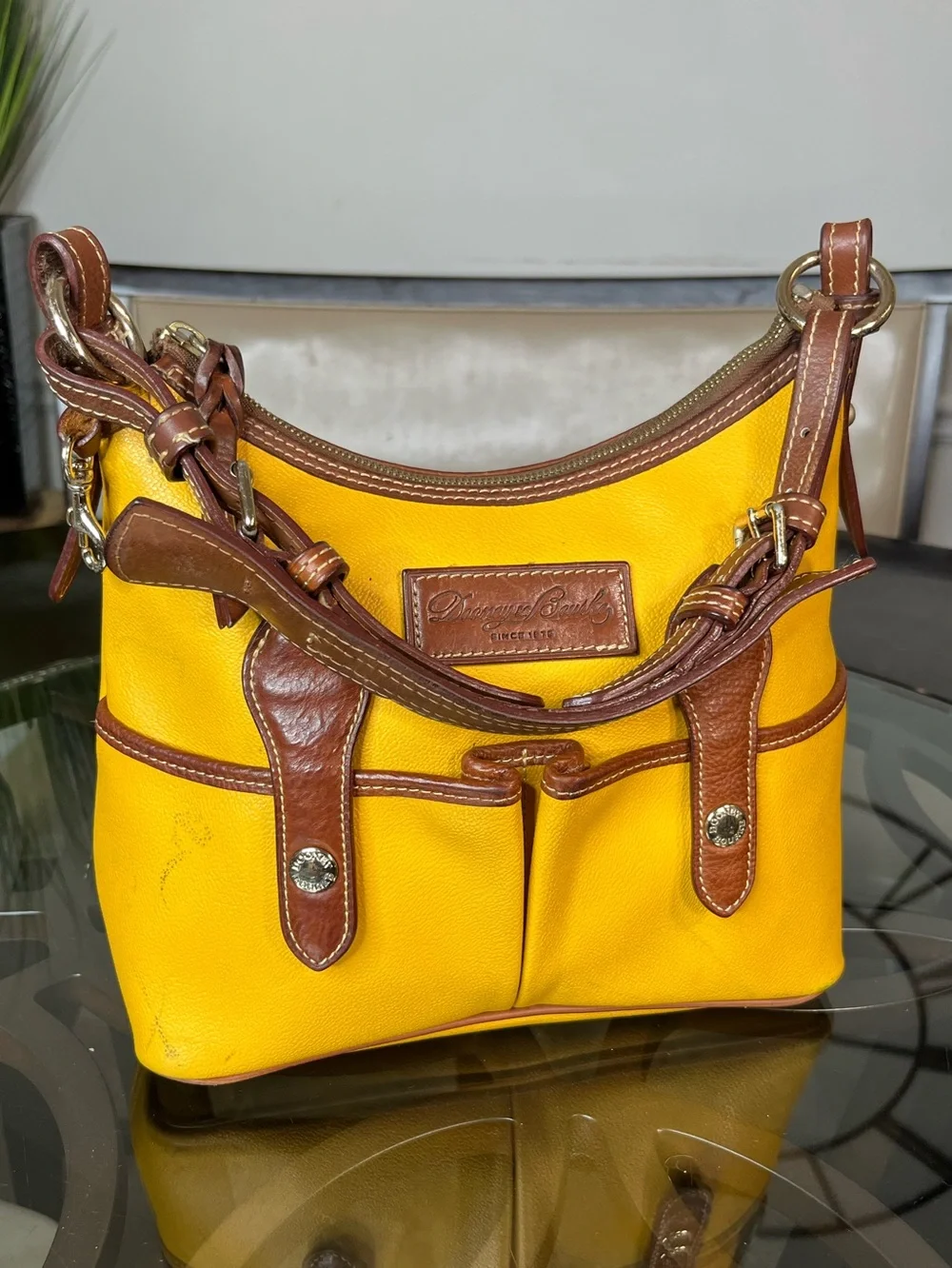 Y2K Dooney & Bourke Hobo Bag Pebble Grain Lucy Mustard Leather Brown Yellow